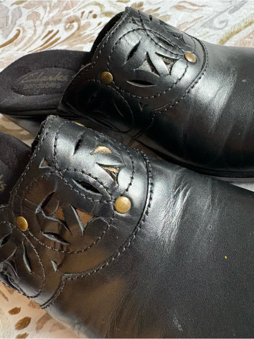 Clarke Black Leather Slip-On Mules with Cutout Detail
